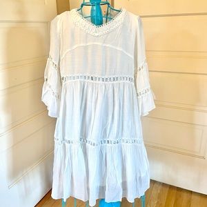 Boho White eyelet lace midi dress with bell sleeves